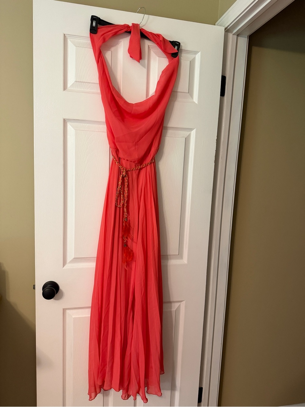 Coral Halter Chiffon Maxi Dress/ pant suit with Gold Chain Accent.feather detail